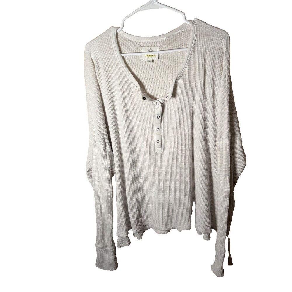 Offline By Aerie T-Shirt Women's Large White Henley Long Sleeve V-Neck Casual